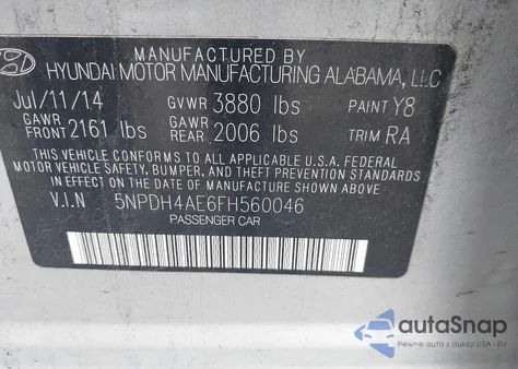 2015 Hyundai Elantra Se from USA, damaged, VIN 5NPDH4AE6FH560046